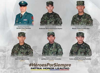 Los seis elementos del Ejército Nacional de Colombia asesinados en una emboscada perpetrada por el grupo armado ‘Jorge Suárez Briceño’ en Charras, Guaviare.