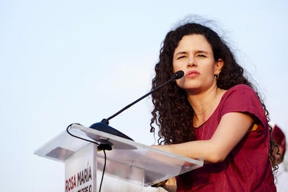Luisa María Alcalde durante el arranque de campaña de Daniela Grego, este martes en Xalapa, Veracruz.