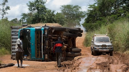An overturned truck in Sudan.