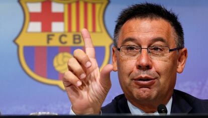 Josep Maria Bartomeu. en su última rueda de prensa.