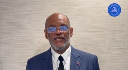 Haiti's Prime Minister Ariel Henry speaks while addressing the nation.