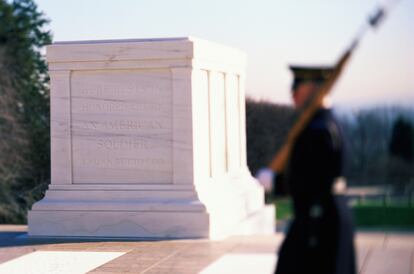 A soldier stands guard at the Tomb of the Unknown Soldier.