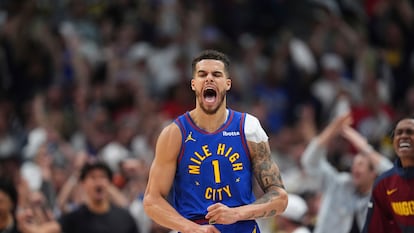 Michael Porter Jr., de los Denver Nuggets, celebra tras encestar un triple en el tercer cuarto.