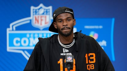 Shedeur Sanders, en una rueda de prensa de febrero pasado.