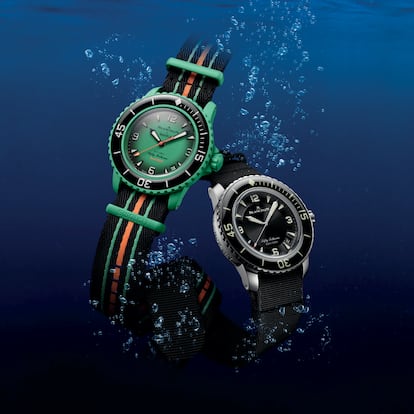 Dos de las versiones del nuevo Bioceramic Scuba Fifty Fathoms de Blancpain x Swatch, que ha salido a la venta el 9 de septiembre.