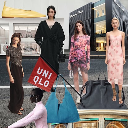 Tiendas de Zara en Valencia y de Massimo Dutti en Ciudad de México, bailarinas de Arket, vestido de Zara Limited Edition, abrigo de Massimo Dutti Studio, diseño de Desigual x Collina Strada, vestido de Mango Selection. Debajo, modelo de la colaboración de Magda Butrym y H&M, bolsos de ante azul de & Other Stories y de ante gris de Cos. Debajo, la apertura de Urban Outfitters en la Gran Vía de Madrid.