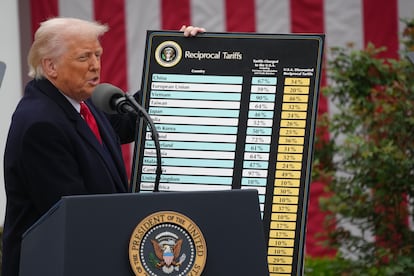 Donald Trump muestra una tabla con los aranceles que ha anunciado que impondrá a los distintos países del mundo.
