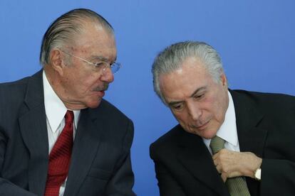 Sarney com Temer na cerimônia de posse de Marcelo Calero no Ministério da Cultura, nesta terça-feira.