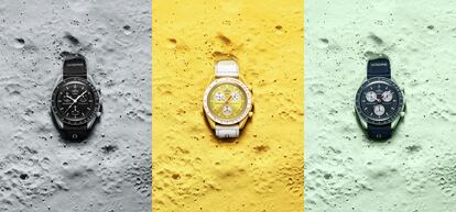 Tres variaciones cromáticas: relojes Bioceramic MoonSwatch dedicados a la Luna, el Sol y la Tierra.