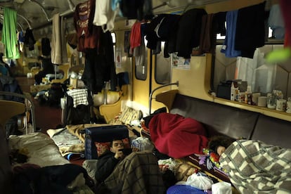 Ukrainians take refuge in a subway station in Kharkiv.