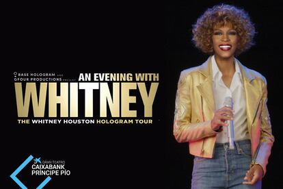 Cartel promocional de 'Whitney Houston Hologram Tour' en el Gran Teatro CaixaBank Príncipe Pío de Madrid.