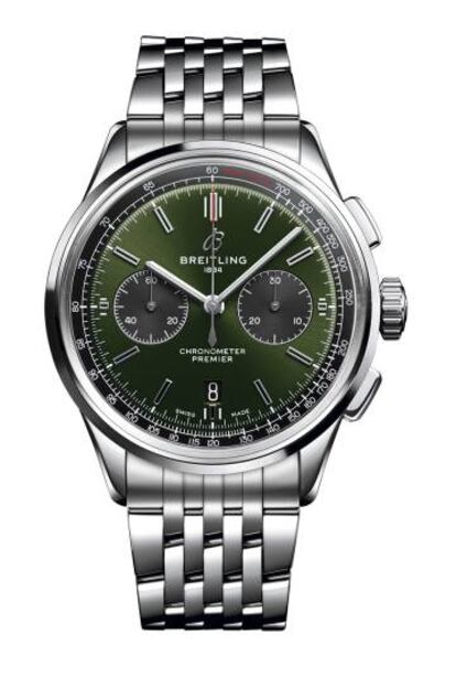 Premier B01 Chronograph 42 Bentley British Racing Green: mecanizado por el Calibre 01, reserva de 70 horas y una placa lateral con “Bentley” grabado, basada en el salpicadero del histórico Blower Bentley de 1929.