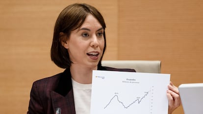 La ministra de Ciencia, Innovación y Universidades, Diana Morant, durante una comparecencia en el Congreso de los Diputados.