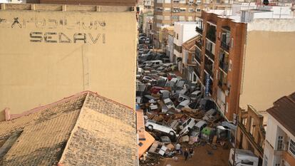 Coches apilados en una calle entre Sedaví y Alfafar (Valencia) tras la dana de finales de octubre de 2024.