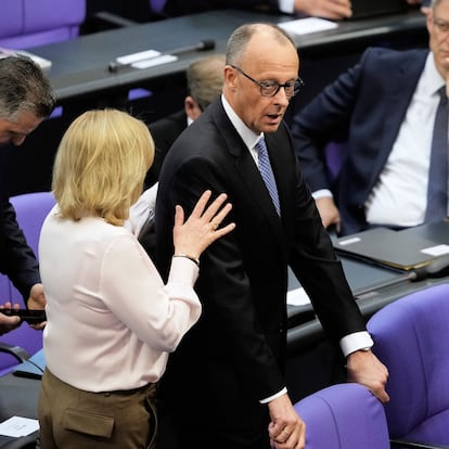 Friedrich Merz reacts after he was not elected new Chancellor in the first voting process at the parliament Bundestag in Berlin, Tuesday, May 6, 2025. (AP Photo/Markus Schreiber)